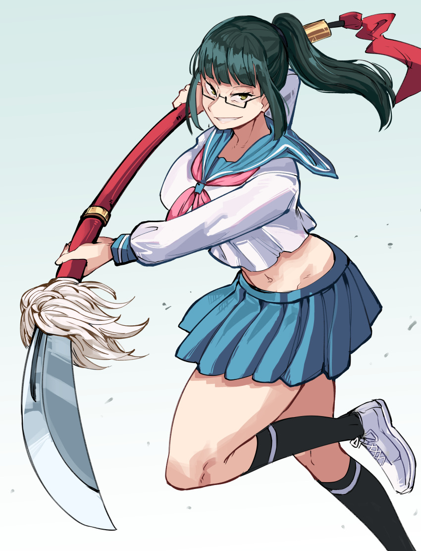 absurdres, antares_topaz, black_socks, bleach, commission, commissioner_upload, crossover, glasses, green_hair, highres, holding, holding_polearm, holding_weapon, jujutsu_kaisen, looking_to_the_side, miniskirt, navel, polearm, ponytail, school_uniform, shirt, shoes, skirt, smile, sneakers, socks, weapon, white_background, white_shirt, yadoumaru_lisa, yellow_eyes, zen'in_maki