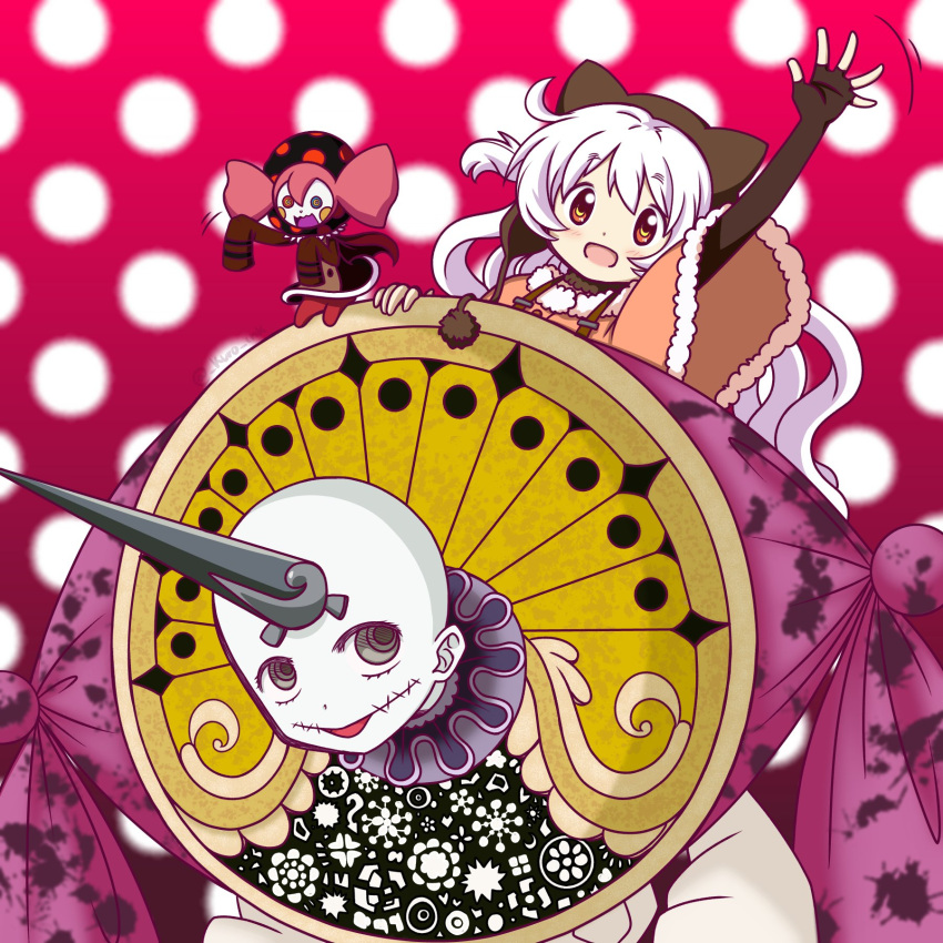 1girl, 1other, bald, charlotte_(madoka_magica), highres, horns, kuro_ink, looking_at_another