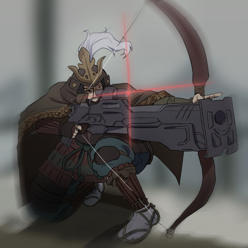 aiming, armor, armored_core, armored_core_6, ashina_genichirou, black_hair, bow_(weapon), coat