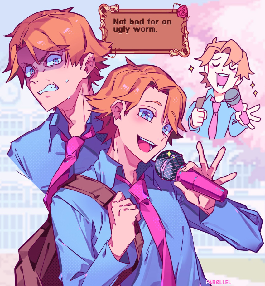 1boy, angry, artist_name, bag, blue_eyes, blue_shirt, brown_bag, clenched_teeth