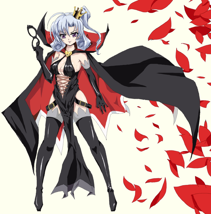 1girl, belt, boots, breasts, cape, cleavage, crown, elbow_gloves