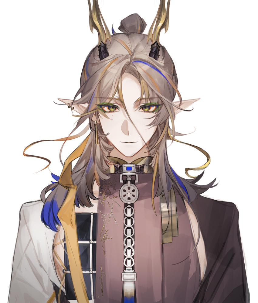 1boy, antlers, arknights, blonde_hair, brown_hair, brown_robe, chinese_clothes, chinese_commentary