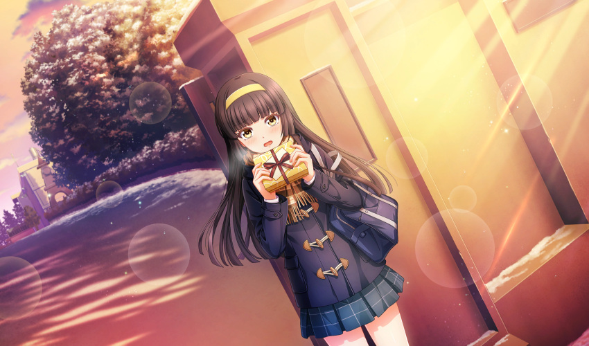 1girl, bag, black_coat, black_hair, blue_bag, blunt_bangs, box, cinderella_series