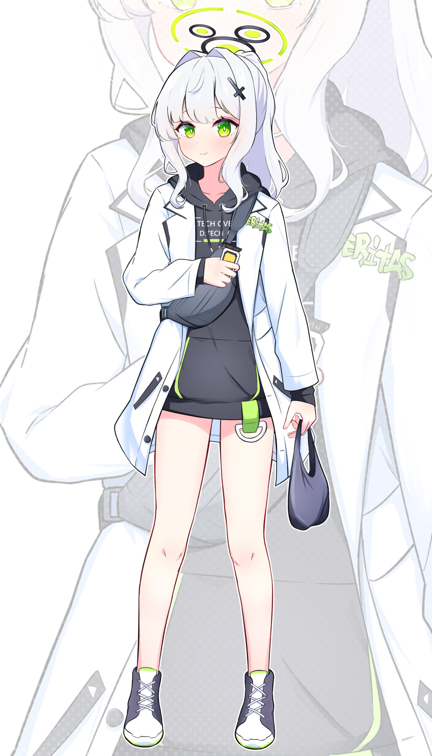 1girl, absurdres, bag, blue_archive, closed_mouth, commentary_request, cross, cross_hair_ornament