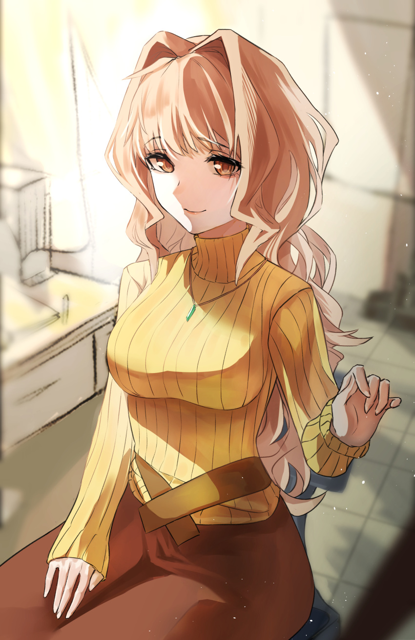 1girl, absurdres, breasts, brown_dress, brown_eyes, brown_hair, dress, hair_intakes, highres, jinguuji_marimo, long_hair, looking_at_viewer, muv-luv, muv-luv_alternative, ribbed_sweater, sitting, smile, solo, sweater, takasata_takina, yellow_sweater