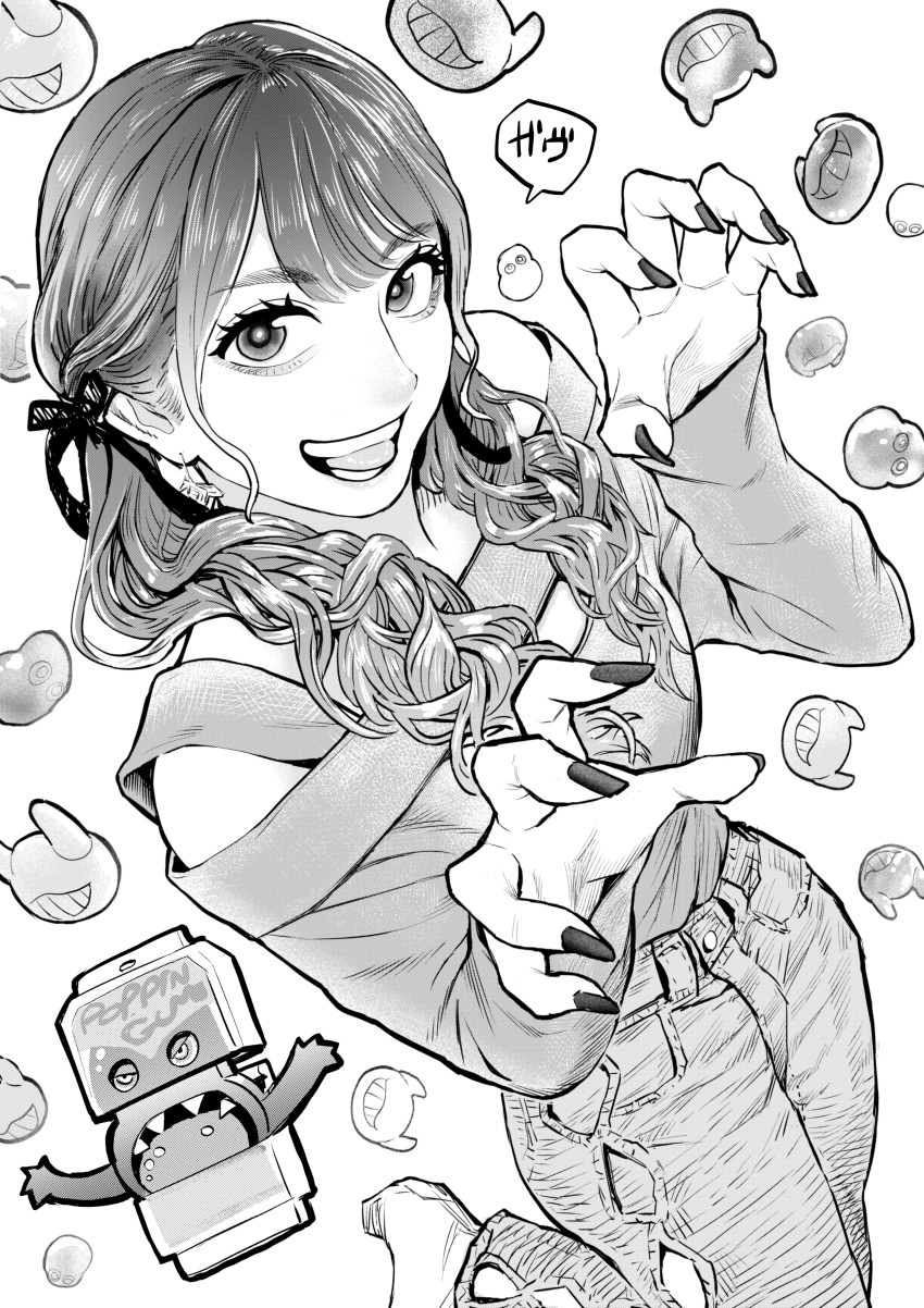 1girl, absurdres, amane_sachika, boots, bow, breasts, clothing_cutout, curly_hair, denim, from_above, greyscale, hair_bow, high_heel_boots, high_heels, highres, jeans, kamen_rider, kamen_rider_gavv_(series), long_hair, looking_at_viewer, madoumadou718, monochrome, open_mouth, pants, sharp_teeth, shoulder_cutout, small_breasts, smile, solo, speech_bubble, teeth, tongue, tongue_out, white_background