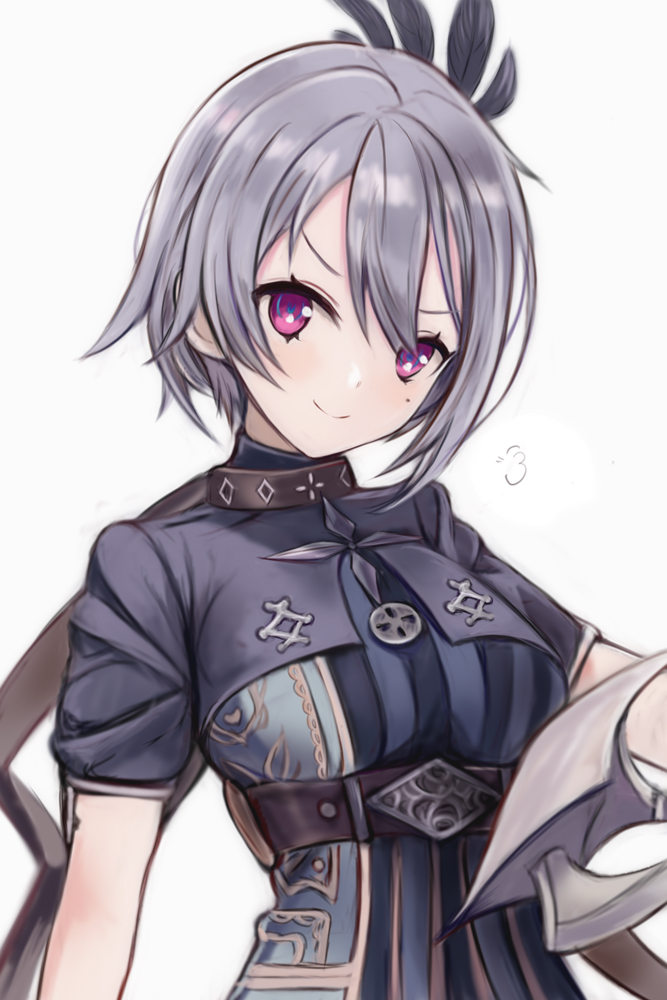 1girl, atelier_(series), atelier_resleriana, belt, breasts, closed_mouth, collar, commentary_request, feather_hair_ornament, feathers, grey_hair, grey_jacket, hair_between_eyes, hair_ornament, jacket, johanna_(atelier), looking_at_viewer, medium_breasts, mole, mole_under_eye, nannacy7, short_hair, short_sleeves, simple_background, smile, solo, upper_body, violet_eyes, white_background