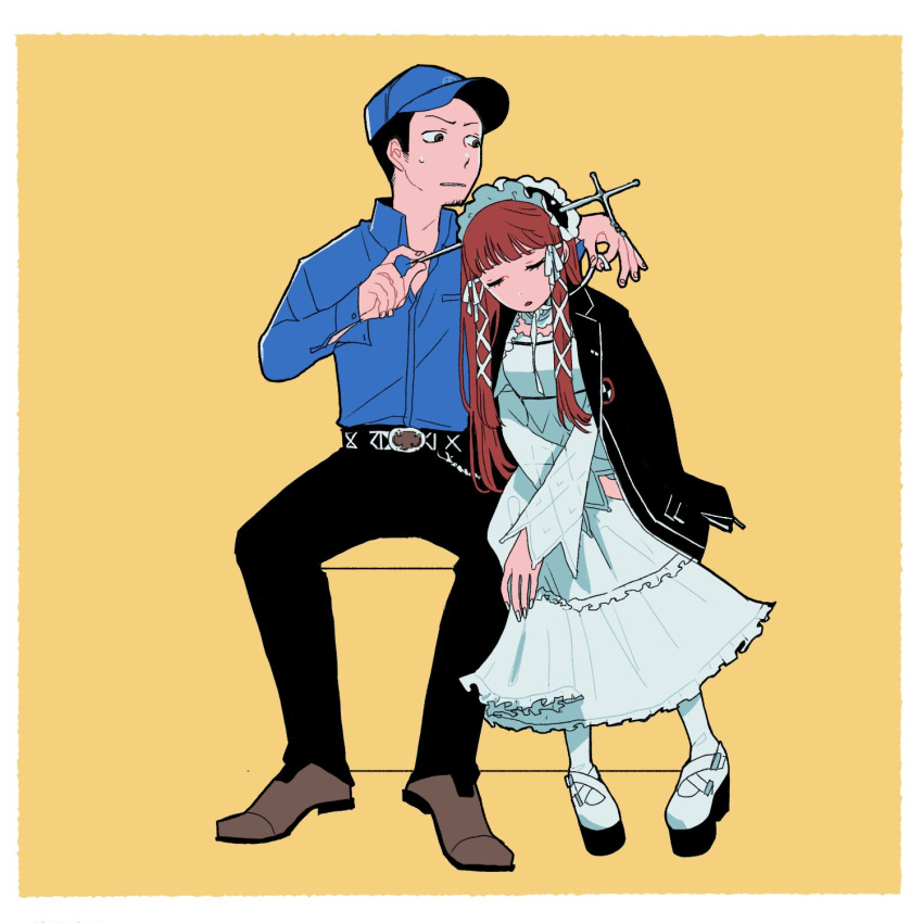 1girl, baseball_cap, belt, belt_buckle, black_hair, black_jacket, black_pants, blue_hat, blue_shirt, blunt_bangs, brown_eyes, brown_footwear, buckle, city_sanzu, commentary, dress, facial_hair, frilled_hairband, frills, goatee_stubble, gothic_lolita, hair_ribbon, hairband, hat, highres, iori_junpei, jacket, jacket_on_shoulders, lolita_fashion, long_hair, pants, pantyhose, persona, persona_3, pigeon-toed, redhead, ribbon, school_uniform, shirt, short_hair, sidelocks, simple_background, sitting, sleeping, sleeping_on_person, stubble, sweatdrop, symbol-only_commentary, wallet_chain, white_dress, white_footwear, white_pantyhose, white_ribbon, yellow_background, yoshino_chidori