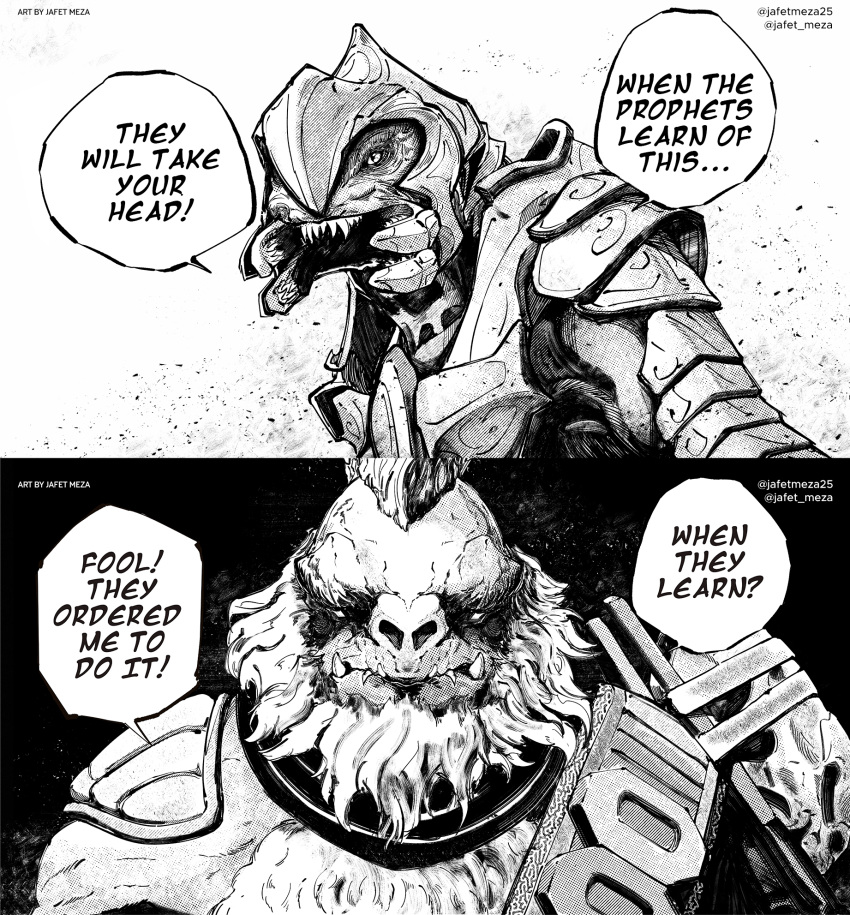 2boys, alien, arbiter, artist_name, beard, brute_(halo), english_commentary, facial_hair