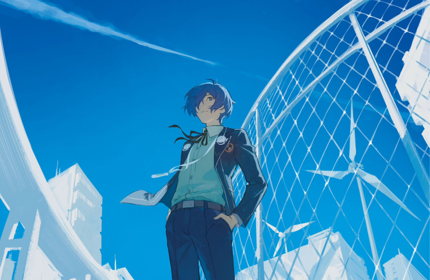 19_0v0, 1boy, belt, belt_buckle, black_jacket, black_pants, black_ribbon, blue_eyes