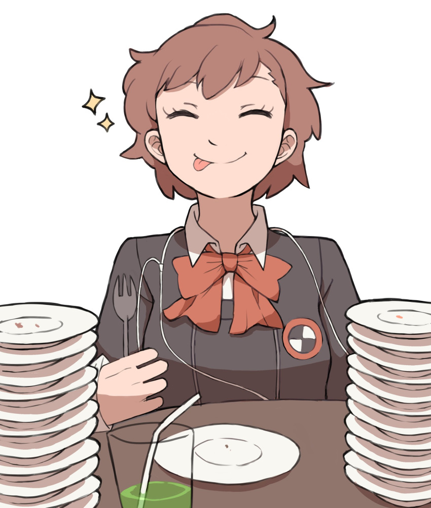 1girl, black_eyes, bow, brown_hair, closed_eyes, collared_shirt, earphones, fork