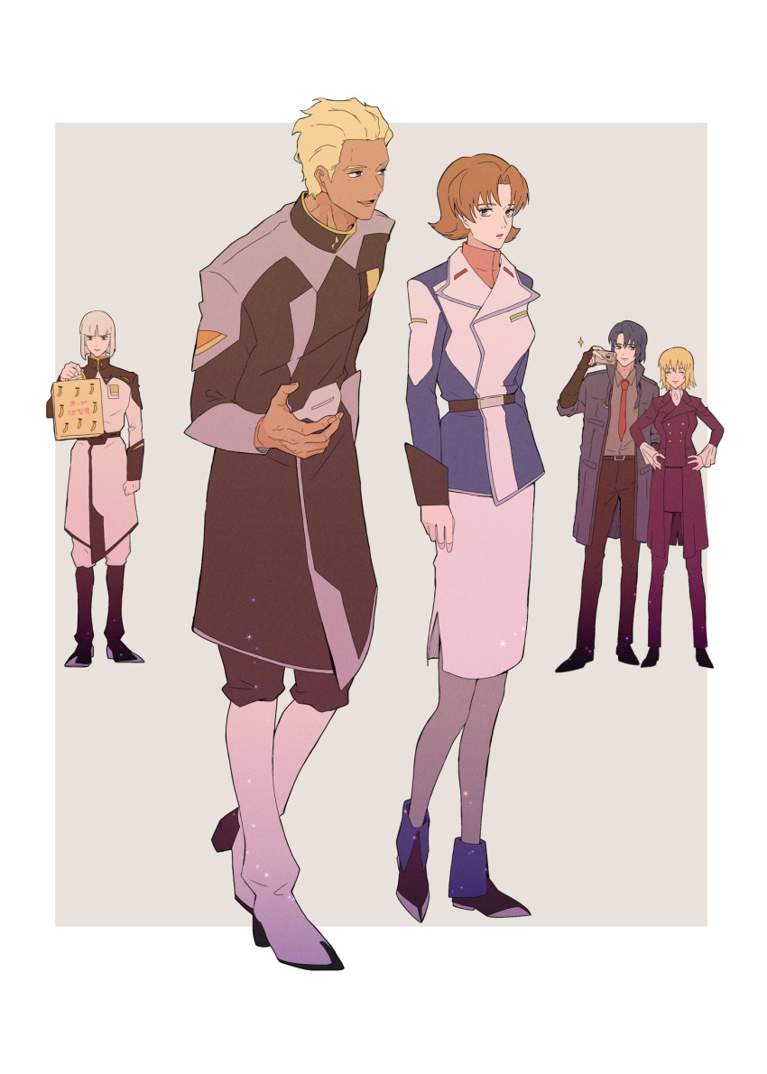 2girls, 3boys, athrun_zala, bag, blonde_hair, bob_cut, boots, brown_hair