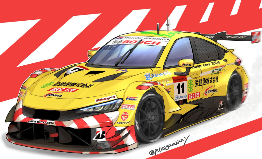 autobacs, bridgestone, car, highres, honda, honda_civic, honda_civic_type_r, honda_civic_type_r-gt, motion_blur, motor_vehicle, no_humans, original, peteron, race_vehicle, racecar, spoiler_(automobile), super_gt, twitter_username, vehicle_focus, yellow_car