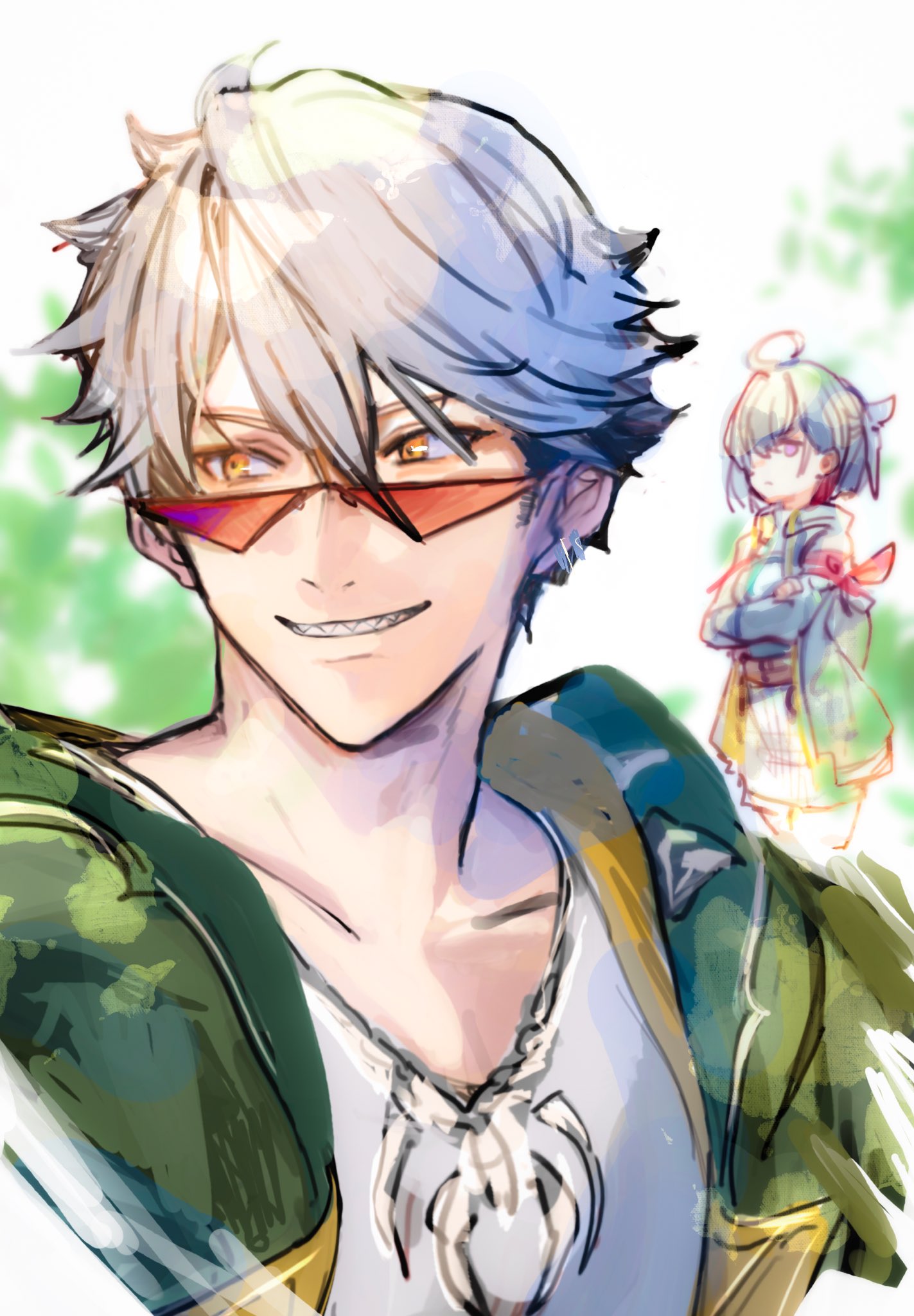 1boy, atelier_(series), atelier_yumia, earrings, green_jacket, highres, jacket, jewelry
