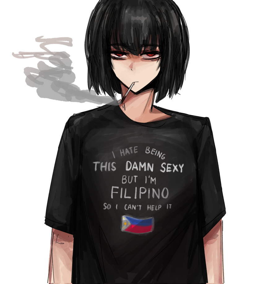 1girl, annoyed, arcz35204519, bags_under_eyes, black_hair, black_shirt, cigarette, english_text, highres, limbus_company, looking_at_viewer, philippine_flag, project_moon, red_background, red_eyes, ryoshu_(project_moon), shirt, short_hair, simple_background, smoking, solo, upper_body