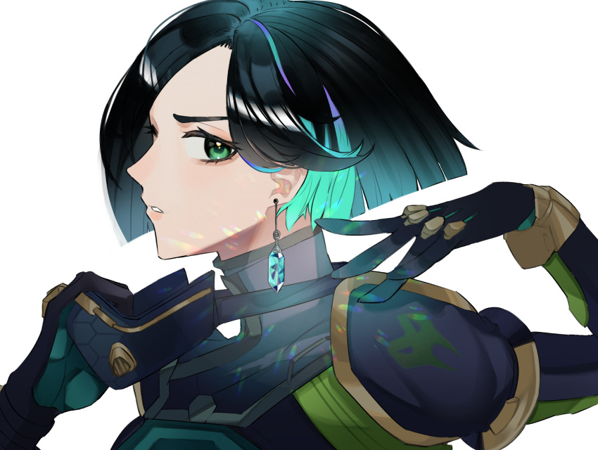 1girl, animification, aqua_hair, black_gloves, blue_hair, earrings, gloves, glowing