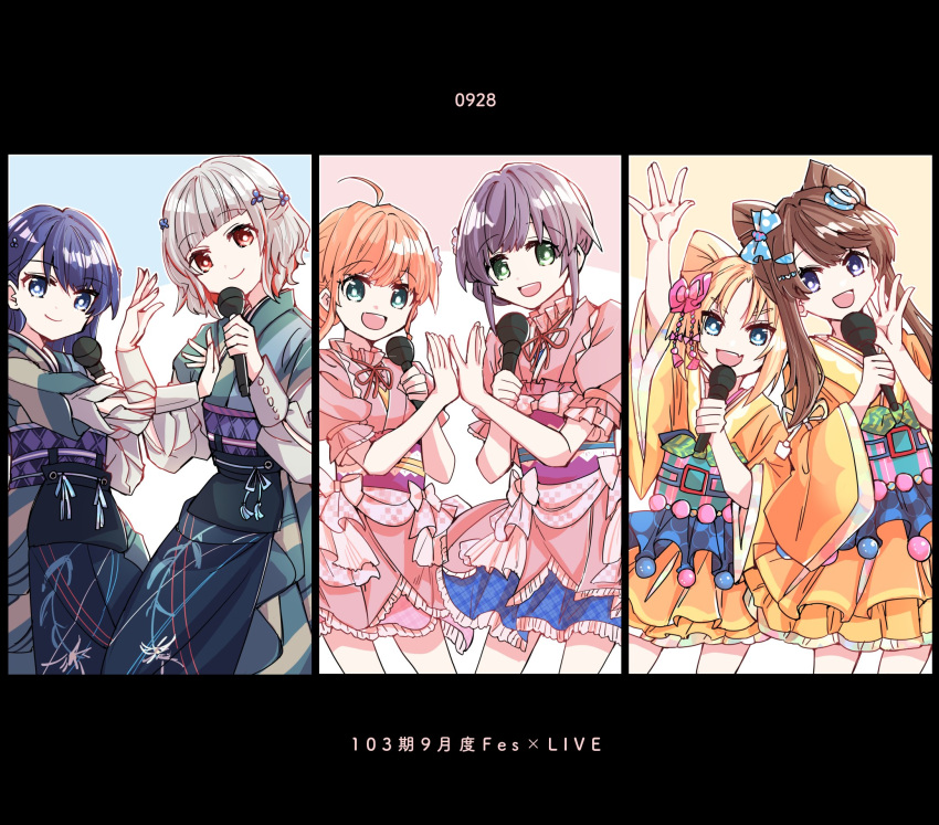 6+girls, \||/, ahoge, aqua_eyes, arm_up, blonde_hair, blue_bow, blue_eyes