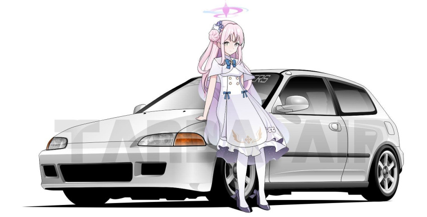 1girl, black_footwear, blue_archive, blue_bow, bow, breasts, capelet, car, commission, dress, hair_behind_ear, hair_bun, halo, high_heels, honda, honda_civic, long_hair, mika_(blue_archive), motor_vehicle, panties, pink_hair, rlayuta, shadow, single_side_bun, small_breasts, solo, underwear, vehicle_focus, watermark, white_background, white_capelet, white_car, white_dress, white_panties, yellow_eyes