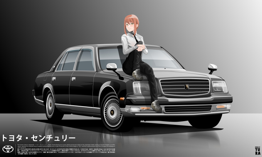 1girl, absurdres, black_car, black_necktie, black_pants, blush, brown_eyes, brown_hair