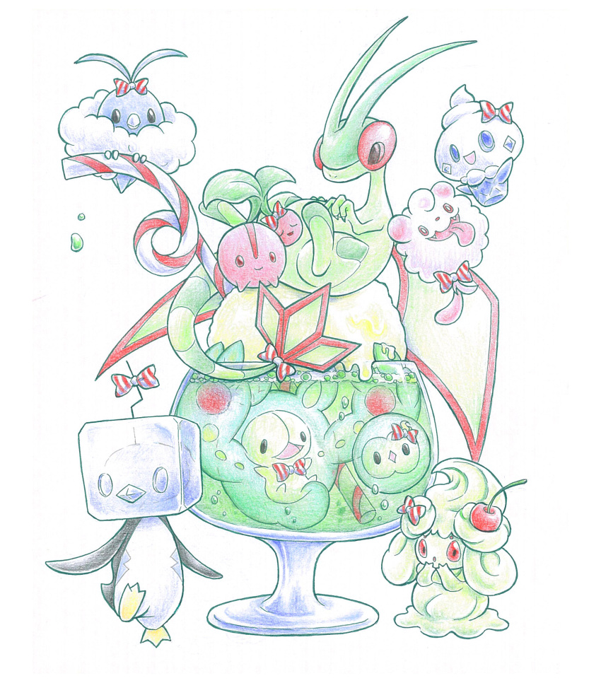 1girl, absurdres, alcremie, alcremie_(matcha_cream), alcremie_(other_sweet), animal_focus, bird, cherry
