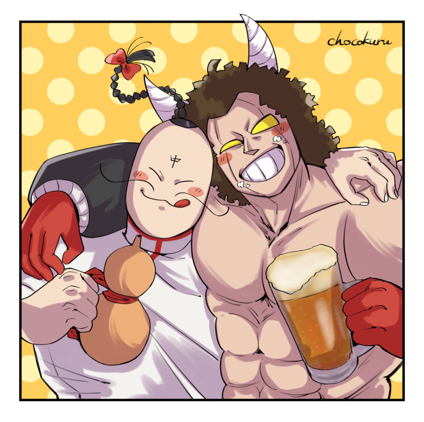 2boys, abs, alcohol, beer, beer_mug, blush, bottle, bow