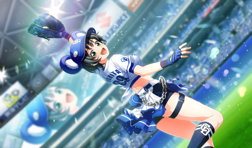 1girl, :d, arm_up, baseball_cap, baseball_mitt, baseball_stadium, baseball_uniform, bdsm