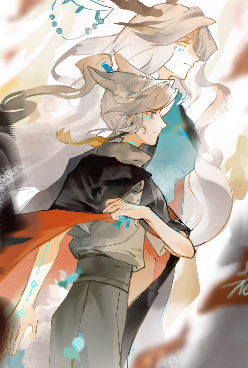 2girls, absurdres, animal_ears, arm_tattoo, black_cape, blurry, cape, closed_mouth