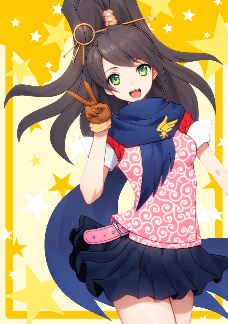 1girl, :d, ace_attorney, ace_attorney_investigations, black_hair, blue_scarf, brown_gloves, commentary_request, gloves, green_eyes, high_ponytail, karakusa_(pattern), kay_faraday, key_hair_ornament, long_hair, looking_at_viewer, open_mouth, pleated_skirt, scarf, short_sleeves, skirt, smile, solo, star_(symbol), sylphy_fe, teeth, upper_teeth_only, v