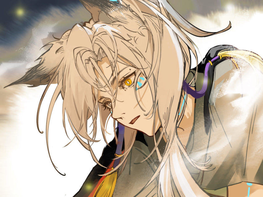 animal_ears, earrings, eyelashes, facial_mark, fox_ears, grey_eyes, heterochromia, high_ponytail