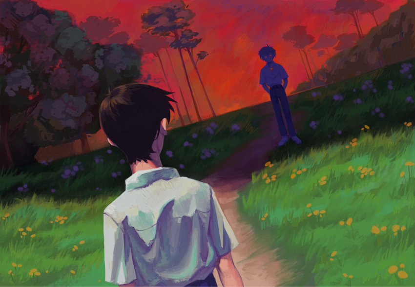2boys, backlighting, black_hair, english_commentary, facing_another, fire, from_behind, glowing, glowing_eyes, grass, hands_in_pockets, highres, ikari_shinji, lcfrsm0415, looking_at_another, multiple_boys, nagisa_kaworu, neon_genesis_evangelion, outdoors, painterly, pants, path, red_eyes, red_sky, scenery, shirt, short_hair, short_sleeves, simple_flower, sky, standing, tree, white_shirt, wide_shot, wildfire