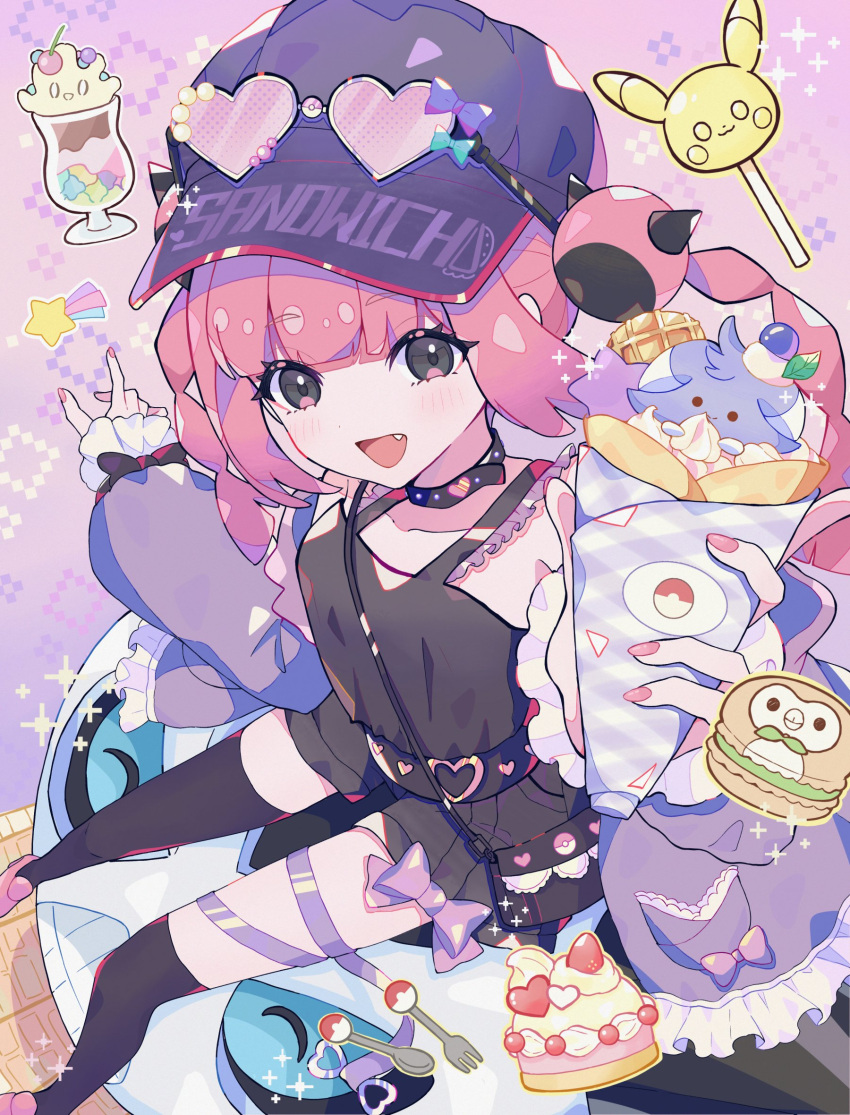 1girl, :d, alternate_costume, asymmetrical_legwear, belt, black_belt, black_choker, black_eyes