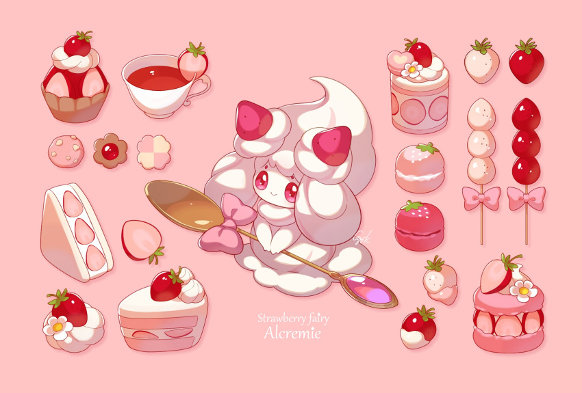 1girl, alcremie, alcremie_(strawberry_sweet), alcremie_(vanilla_cream), bow, cake, cake_slice, commentary_request