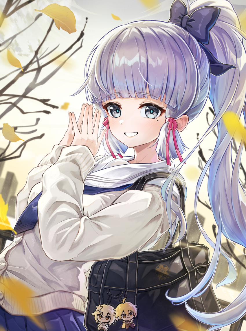 1girl, absurdres, aether_(genshin_impact), alternate_costume, bag, blue_eyes, blue_hair, blunt_bangs