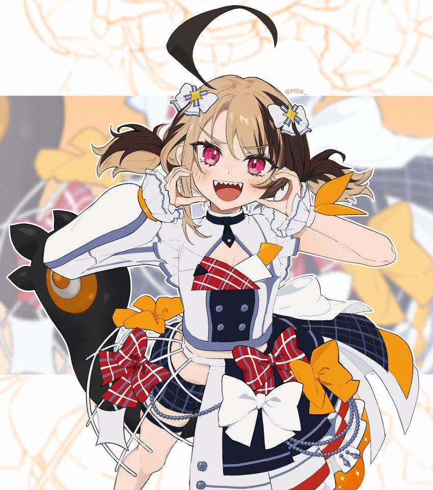 1girl, ahoge, bow, brown_hair, gigi_murin, hair_bow, half-skirt, heart
