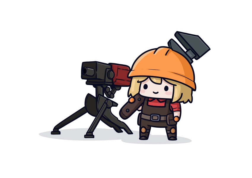 1girl, absurdres, blonde_hair, blush_stickers, brown_overalls, chibi, commentary, cosplay