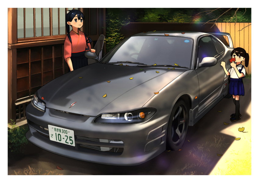 2girls, aged_down, autumn_leaves, black_hair, black_hakama, black_thighhighs, blue_eyes, blue_skirt