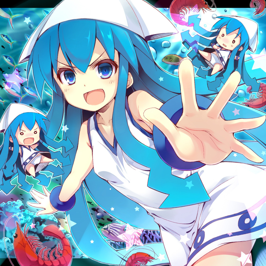 blue_hair, chibi, hat, highres, ikamusume, long_hair, mini-ikamusume, multiple_persona