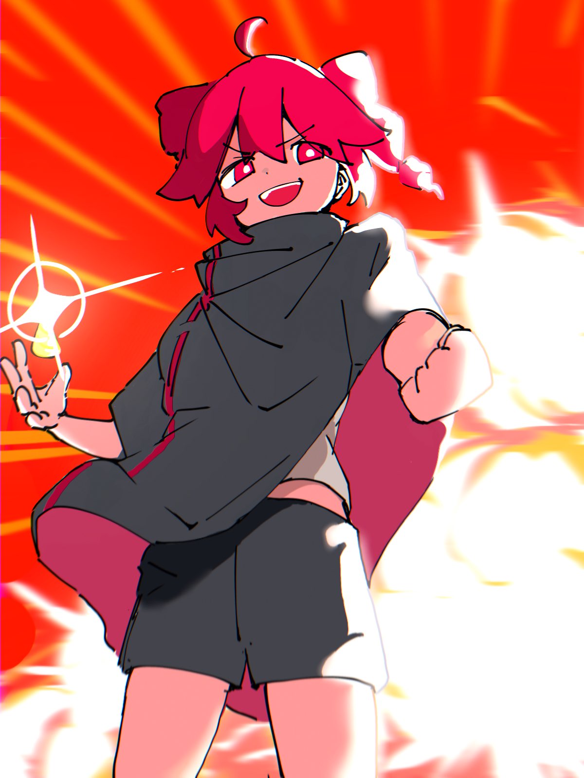 0_onibi, 1girl, ahoge, black_shorts, blurry, blurry_background, clenched_hand, cloak