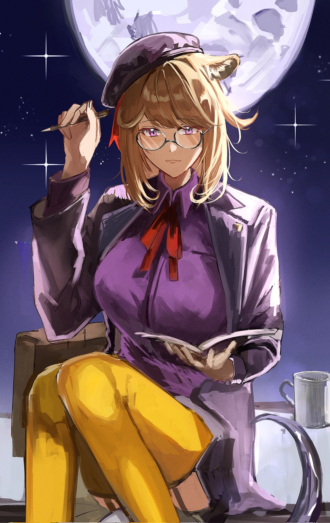 1girl, animal_ears, arknights, arm_up, beret, blonde_hair, closed_mouth, collared_shirt