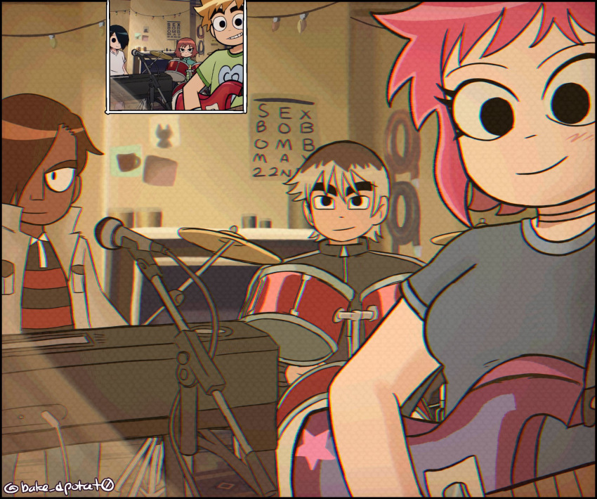 1girl, 2boys, alternate_costume, alternate_universe, band, bass_guitar, black_eyes, blonde_hair