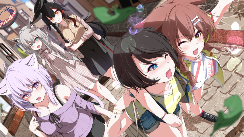 5girls, alternate_costume, animal_ear_fluff, animal_ears, aqua_eyes, beret, black_footwear, black_hair