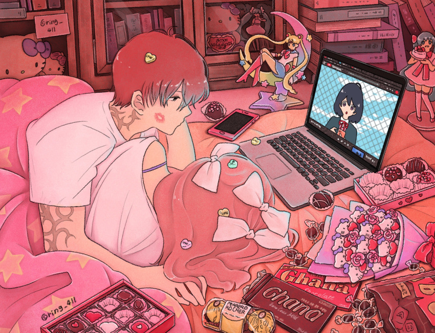 1boy, 1girl, bishoujo_senshi_sailor_moon, blanket, blinking, bow, box, box_of_chocolates
