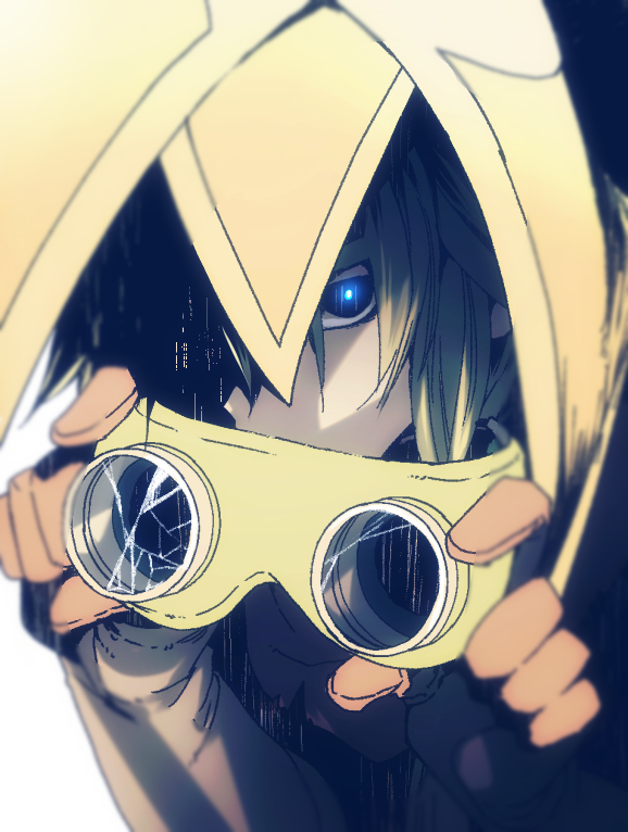 1boy, black_eyes, blonde_hair, blue_pupils, brown_gloves, commentary_request, covered_mouth, crack, cracked_glass, dragon_quest, dragon_quest_builders, gloves, goggles, holding, holding_goggles, looking_at_viewer, male_builder_(dqb), male_focus, matudairaks, one_eye_covered, short_hair, solo, unworn_goggles, white_background, yellow_cloak