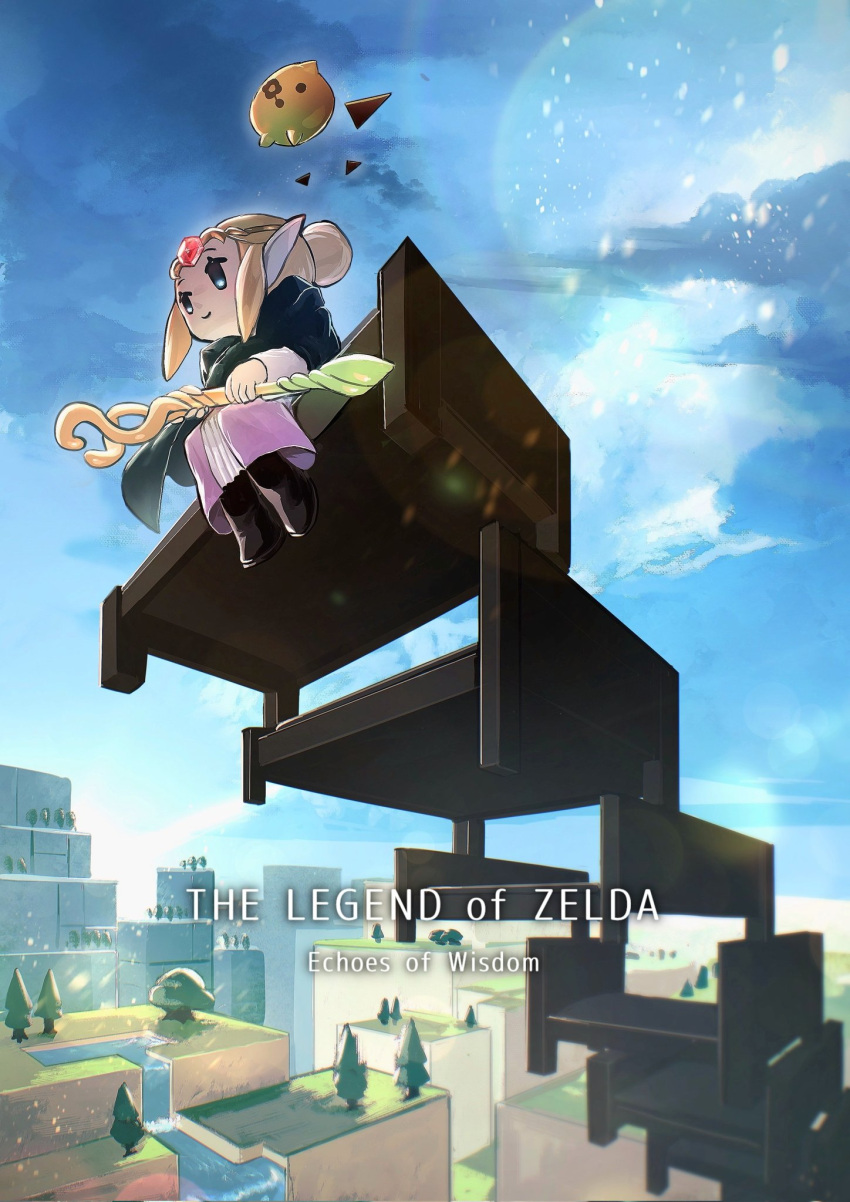 1girl, 1other, bed, bed_frame, blonde_hair, chibi, circlet, cloak