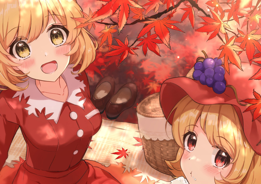 2girls, :t, aki_minoriko, aki_shizuha, autumn_leaves, basket, blonde_hair, blush