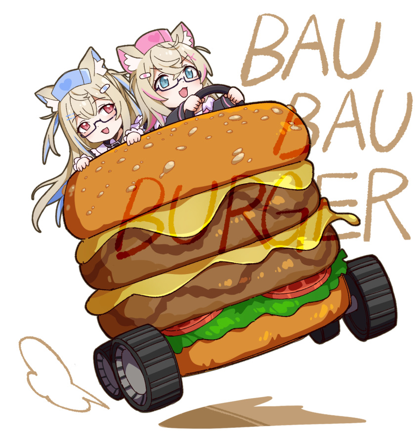 :3, animal_ears, anime_coloring, black_sleeves, blonde_hair, blue_eyes, burger, car