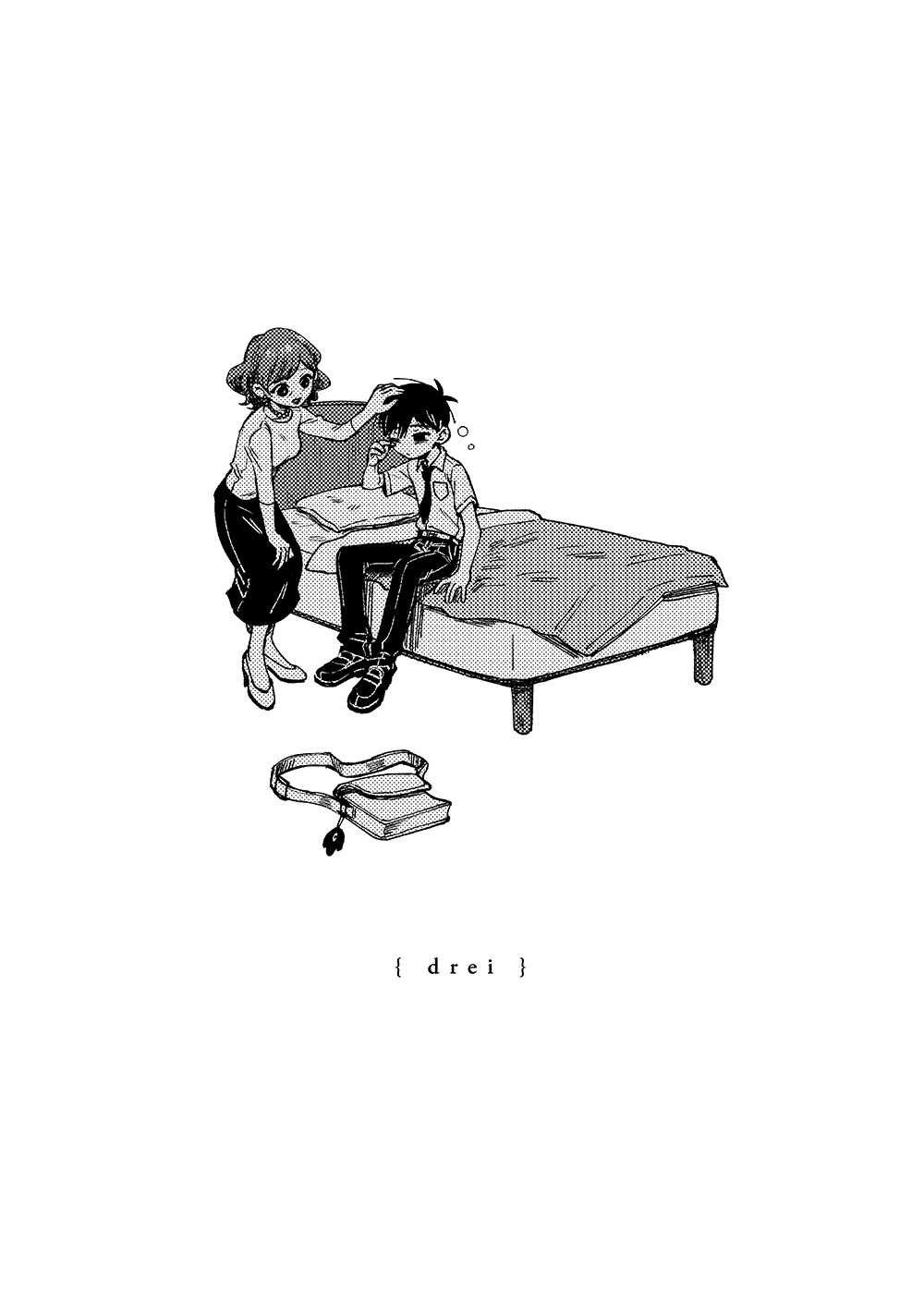 1boy, 1girl, alternate_costume, bag, bed, collared_shirt, greyscale, high_heels