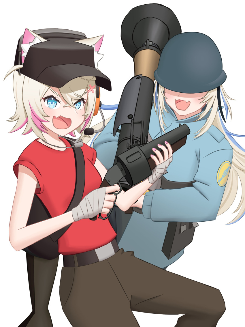 2girls, :d, absurdres, bandaged_hand, bandages, blonde_hair, blu_soldier_(tf2), blue_eyes