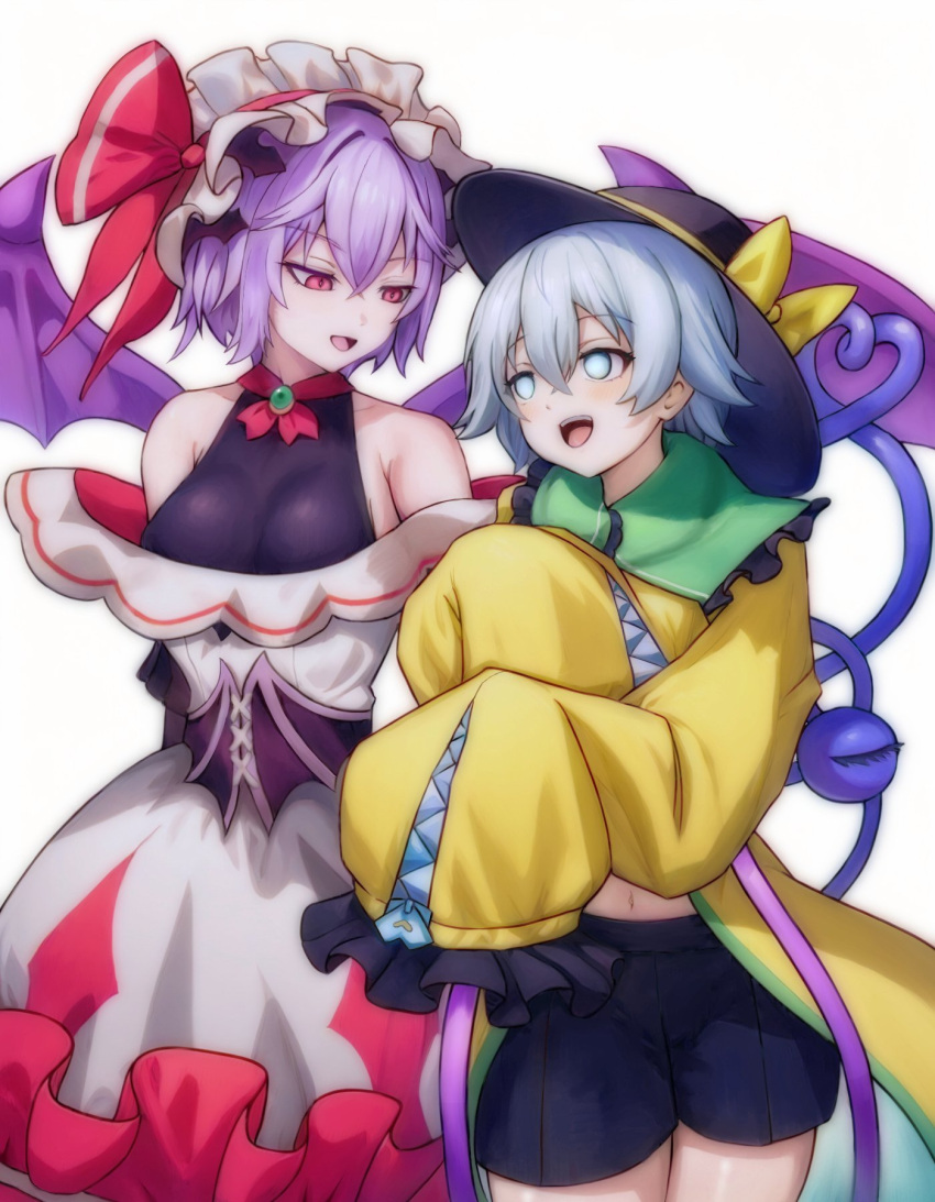 2girls, alternate_costume, bare_shoulders, bat_wings, black_shirt, black_shorts, breasts, brooch