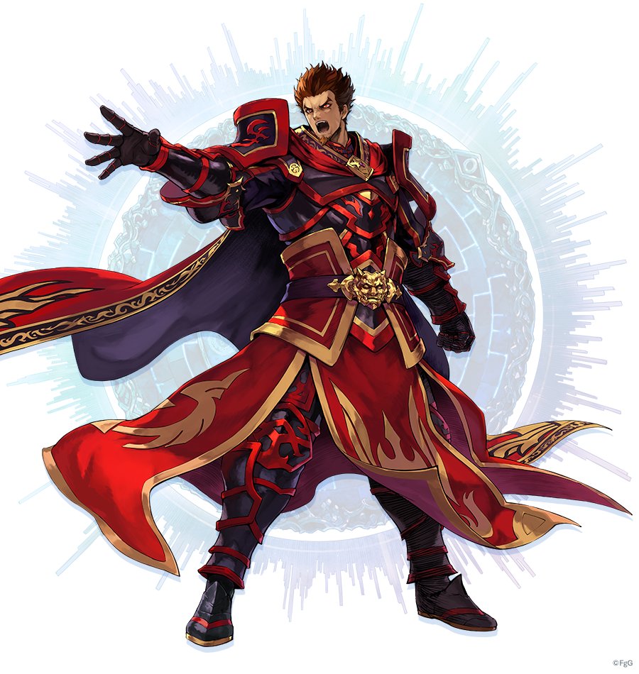 1boy, armor, brown_hair, cloak, commentary_request, cuisses, dare_ga_tame_no_alchemist, floating_cape, full_body, gloves, gold_buckle, greaves, official_art, open_mouth, orion_(dare_ga_tame_no_alchemist), outstretched_arm, poleyn, red_cloak, red_eyes, sabaton, second-party_source, shoulder_armor, simple_background, solo